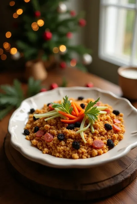  A white platter with a farofa well augmented with diced pepperoni, carrot, raisins ,  cabbage in strips ,   on a wooden table with some Christmas decorations ,  natural light coming from the right side ,  and a blurred background of a Christmas dinner 