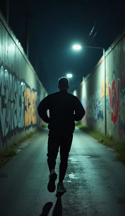 a man dressed in a , hyperrealistic, in a hurry, doing sports, moving away from the camera ,  with a gloom environment on a dark street in an industrial estate, night, In the background a wall painted with graffiti 