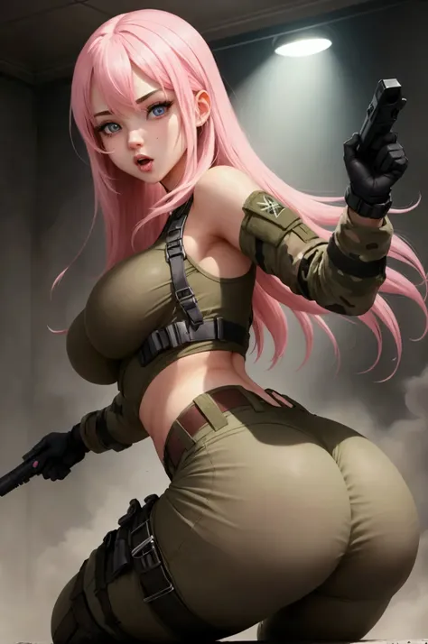 frenetic Radical insane and beautiful a serius young army woman, detailed cute face pink straight hair seductive eyes nice mouth, thicc slim body, big breasts and ass, wearing short top, and army pants, action pose