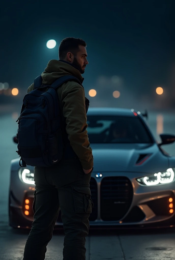 A pilot, in normal clothes , Dark,  looking at his BMW M3 GTR , At night,  waiting for the next race 