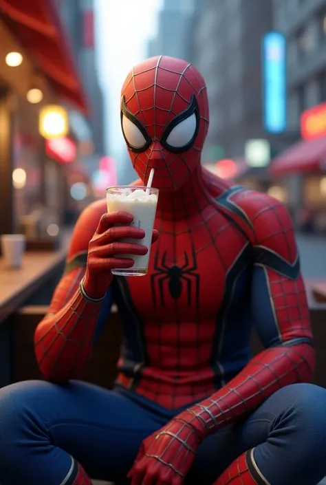 Spider-Man drinks a milkshake