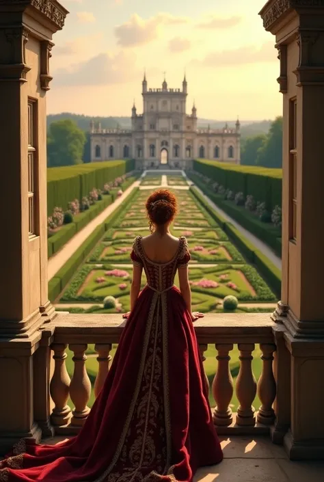 Young 16th century princess looking out over the Chenonceou Castle garden 