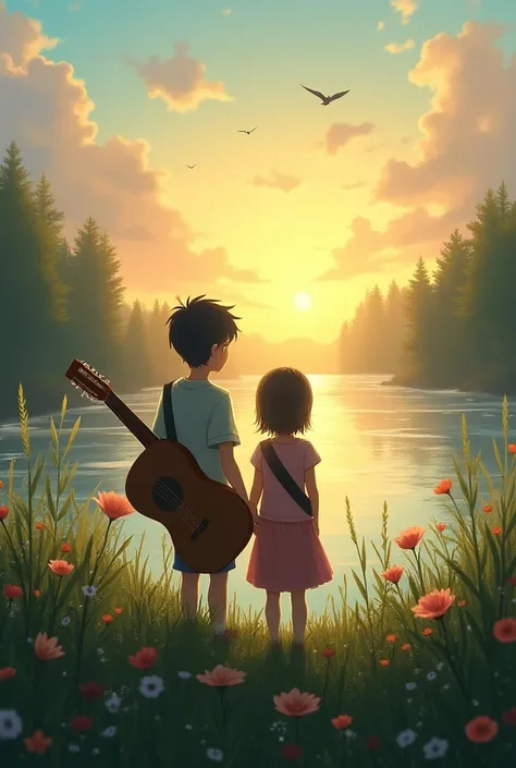  A boy and a girl are standing on the riverbank and its dawn,  there is a guitar behind the boy and the grass , flower, Scenery,  the sun is rising the atmosphere , The bird is flying  