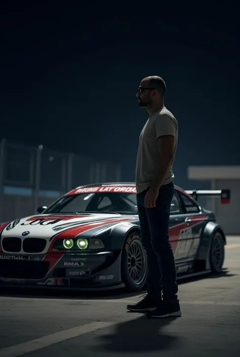 A pilot, in normal clothes , Dark, looking at your 2005 BMW M3 GTR, At night,  waiting for the next race 