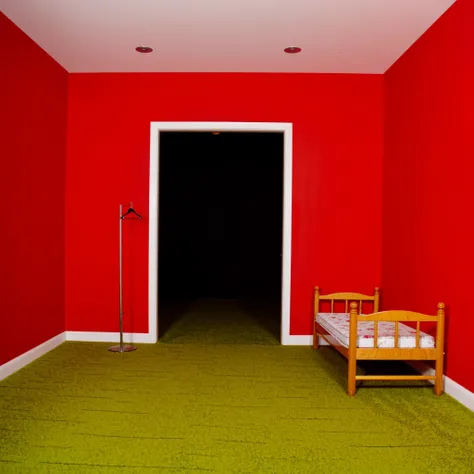 the image is a photograph of a minimalist room with vibrant red walls and a dark, empty space beyond a large, open doorway. the ...