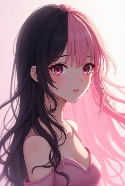 Girl with half pink long black hair anime