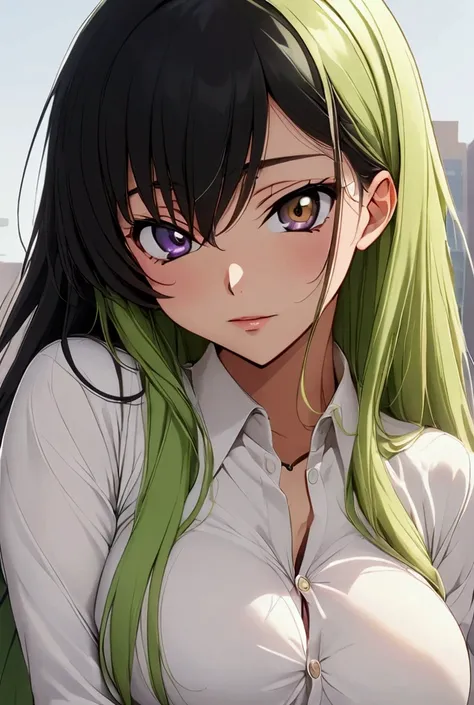 anime woman, CC, Code Geass, long green hair, yellow eyes , all body ، دقة عالية, دقيق, أفضل جودة , علم التشريح صحيح, جودة عالية, عمل رائع, ملابس داخلية ، Anime man ,lelouch lampeourge  ,short black hair,pruple eyes , huging