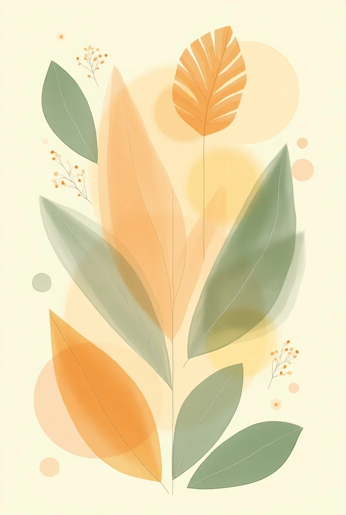 some circles ,  leaves and lines in abstract shapes in orange, green and pastel tones to use in a picture 