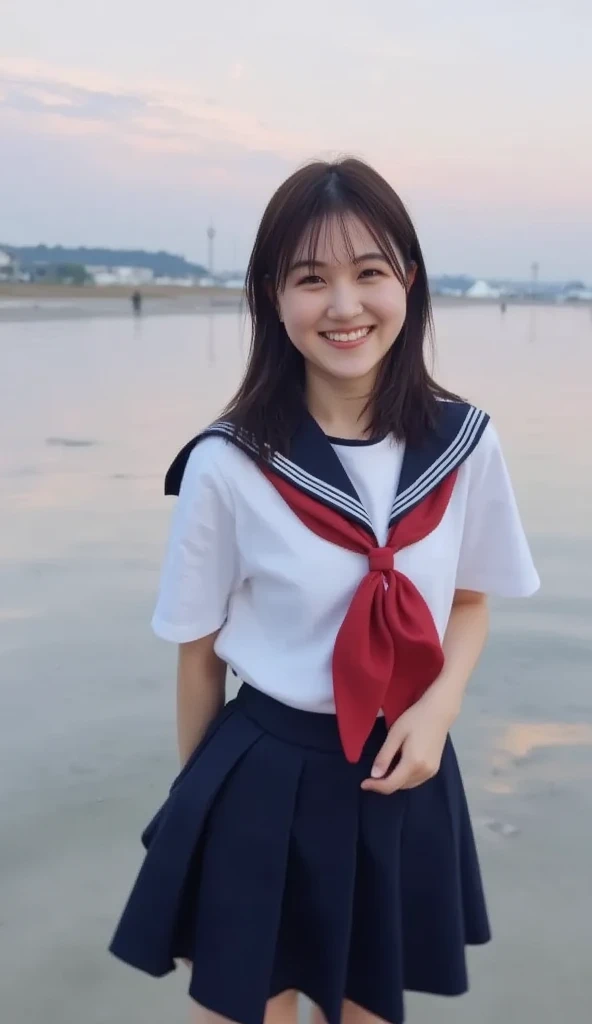 (((  super high definition 、close、Cute Japanese Woman)))、 seaside dyed by the sunset 、 play alone in the water 、Cute Japanese 、 straight black hair that reaches the shoulder 、Bangs cut above the eyes、 wearing a traditional Japanese uniform 、 sailor suit wi...