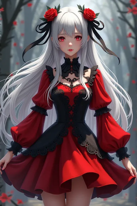 Long-haired, silver-haired girl wearing short red and black dress with puffy sleeves