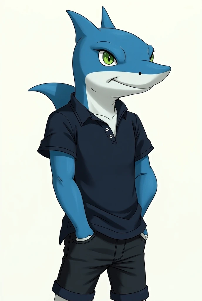 a blue shark character, green-eyed, anthropomorphic, wearing a black polo shirt, with short sleeves and an open collar, also wearing black shorts, drawing style