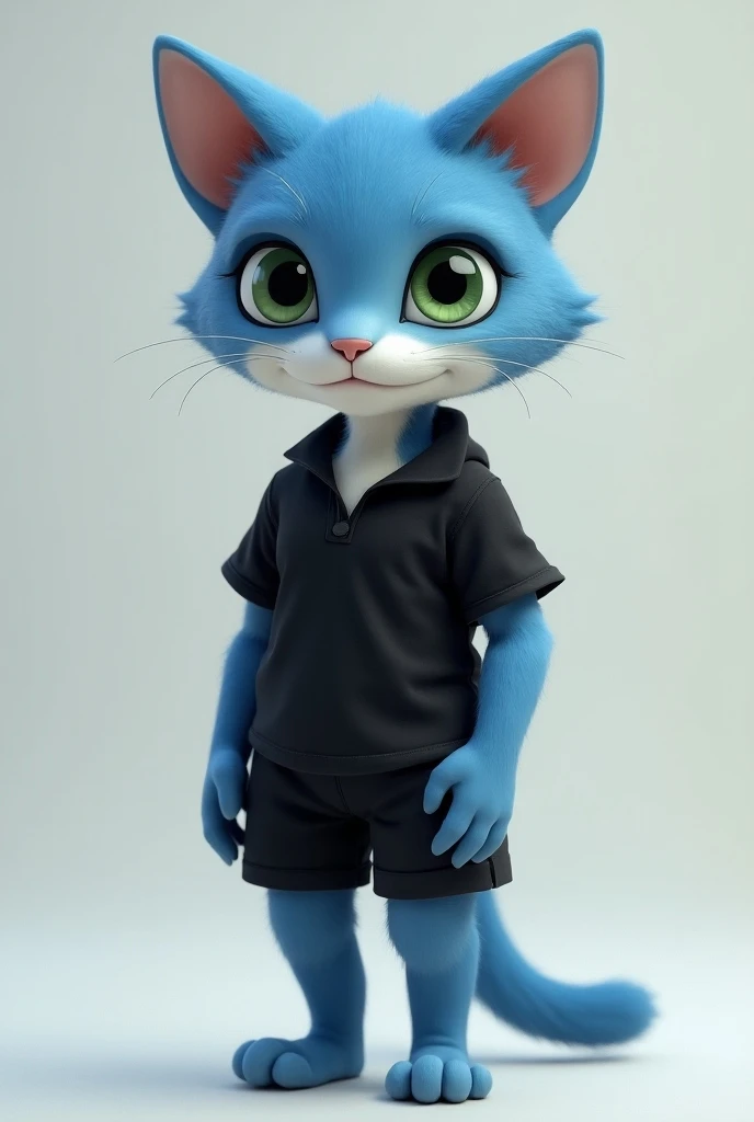 a blue cat character, with white parts (from the snout to the belly), green-eyed, anthropomorphic, wearing a black polo shirt, with short sleeves and an open collar, also wearing black shorts