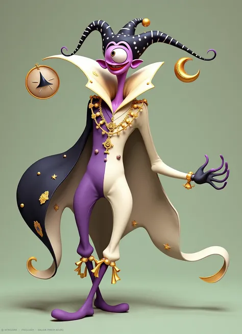  A cartoon being based on the appearance of court fools.  He has only one eye in the middle of his face , no nose or mouth ,  purple skin and clothes that alternate between white , black and purple, with golden ornaments