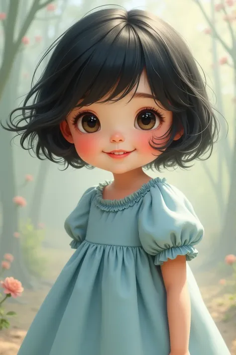 Chubby girl with short black hair in light blue dress and puffy sleeves