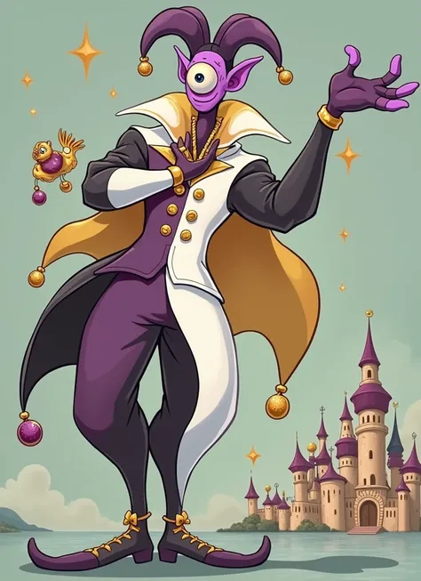  A cartoon being based on the appearance of court fools.  He has only one eye in the middle of his face , no nose or mouth ,  purple skin and clothes that alternate between white , black and purple, with golden ornaments