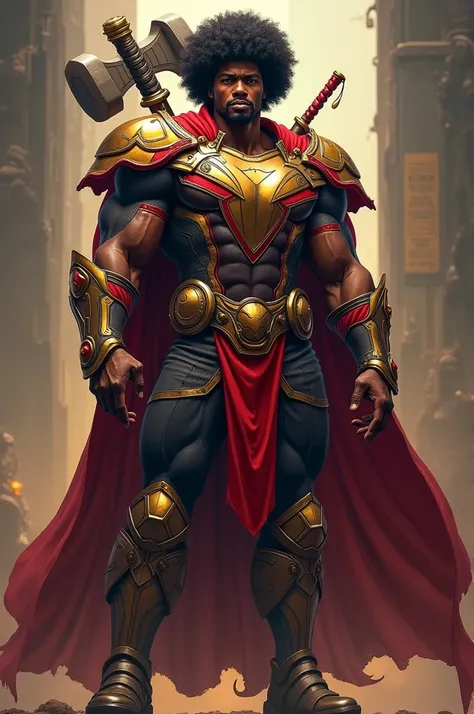 Create a black afro-haired superhero wearing red and gold armor with a hammer drawn on the chest, two swords on the back with a red handle. 