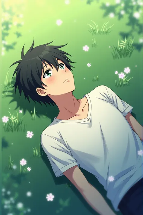 Male anime character lying down looking up with a view from above