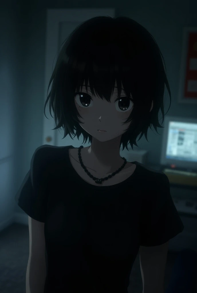 Girl with emo style short black hair and black eyes and black t-shirt in a dark anime room