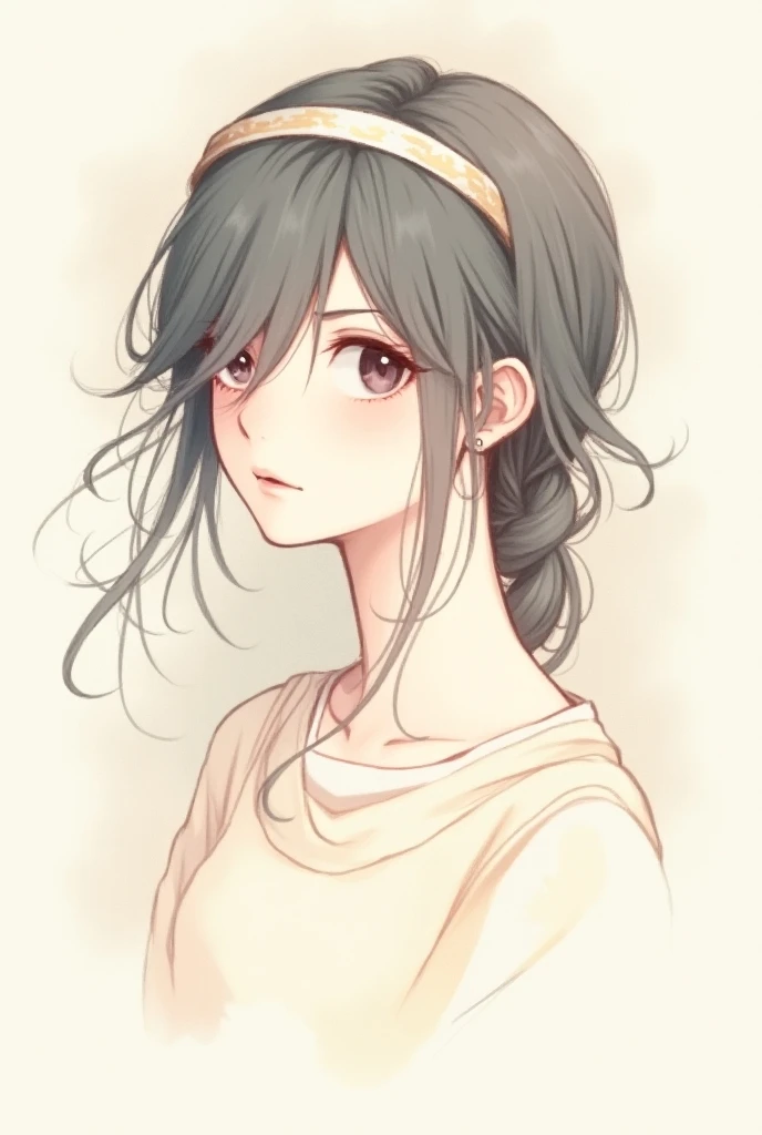 Sketch aesthetic girl with loose hair and headband in pastel colors