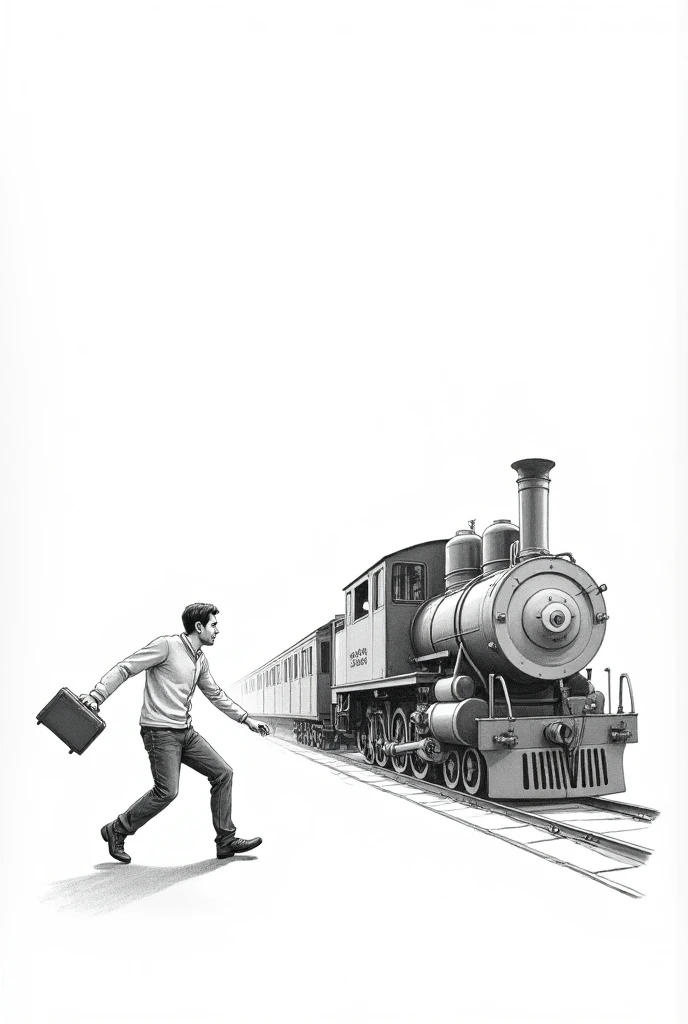 Hasme on sticks a drawing of a moving train ,  with a person getting off at a station 
with a small suitcase with a white background 