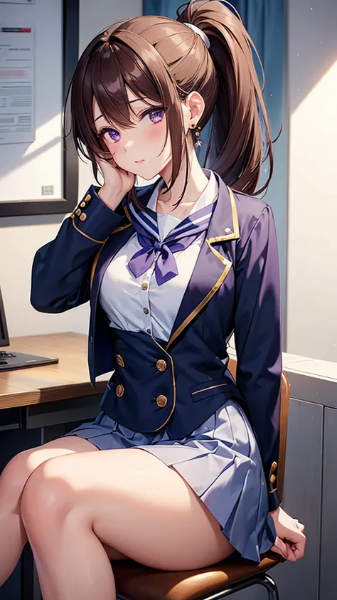 An anime-style girl was sitting in a chair, resting her elbows on the desk, listening to music while holding headphones in both hands.
She has Short bob with sideburns and a ponytail,wears moon-shaped earrings, flowing brown hair and violet eyes,White, sle...