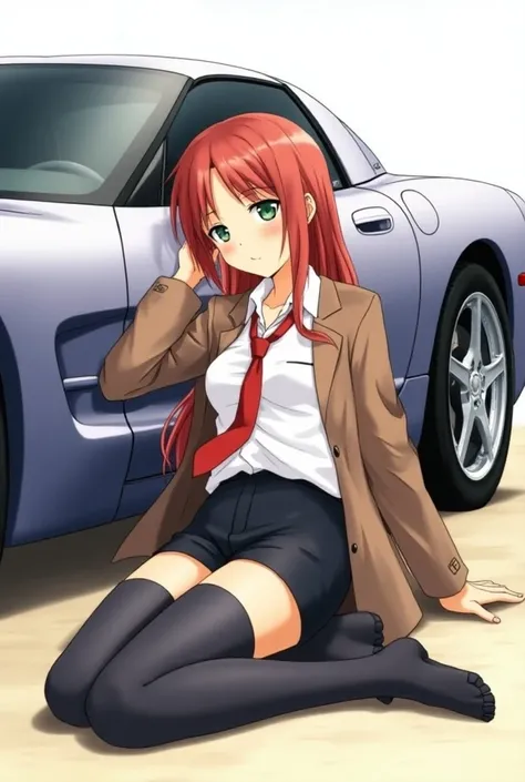 "An anime-style illustration of Kurisu Makise from Steins;Gate. The scene is highly detailed and captures the essence of the Steins;Gate art style. Kurisu is depicted laying on her side beside a 2004 Chevrolet Corvette, which is shown in a side profile. Sh...