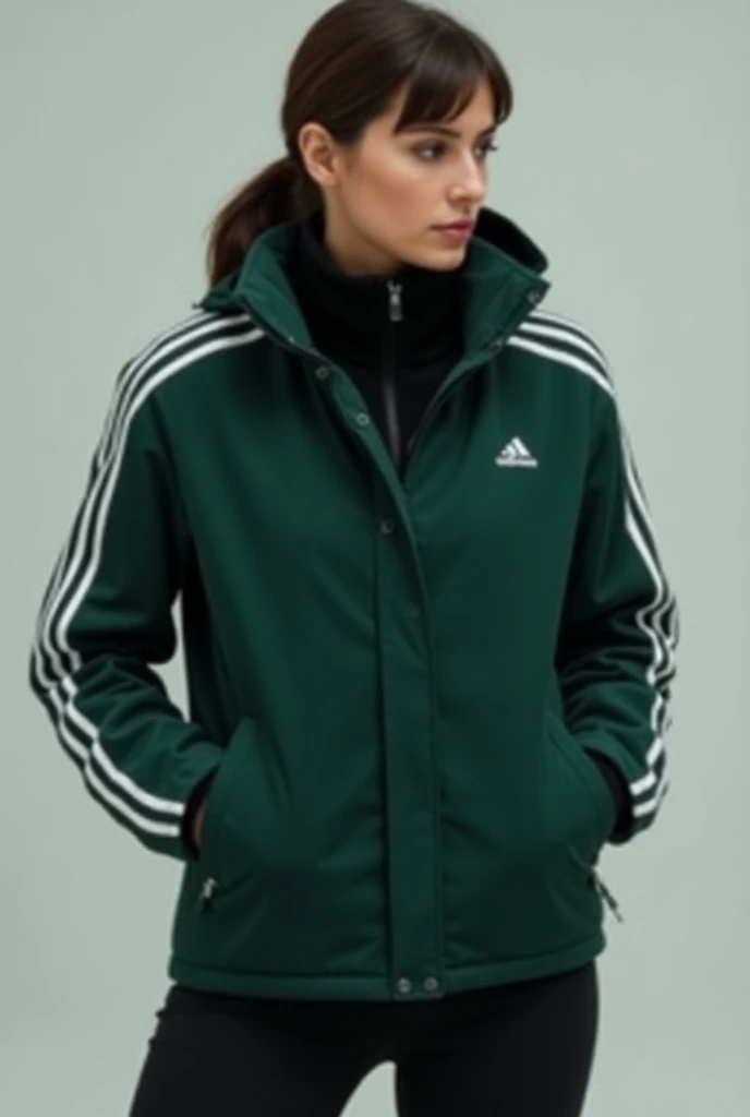 A dark green jacket for men and women 
 But warmer jacket separate it that combines men separately and women 
A dark green warm jacket 
Perfect now send it to me for a woman 
With the same design as the man with a green fabric that is water proof 
Now put ...