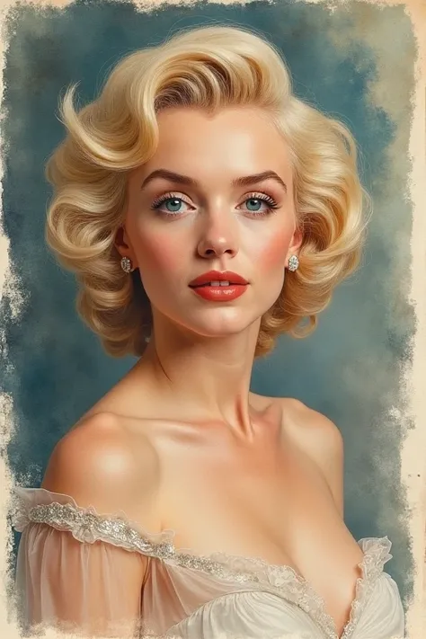 Watercolor、 old paper texture、Damaged Paper、Old style、Faded colors。 Marilyn Monroe is in a gorgeous palace 、 who are challenging yet exudes elegance。The focus is on her face 、 her big blue eyes look straight ahead 、 has a slightly ironic smile on her face ...