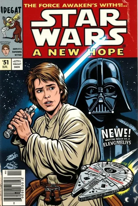 Design a vintage comic book cover from the 1940s/1950s featuring characters and elements from Star Wars.  The central focus must be Luke Skywalker wielding a light sabre ,  with a determined and heroic expression ,  drawn with thick strokes and detailed sh...