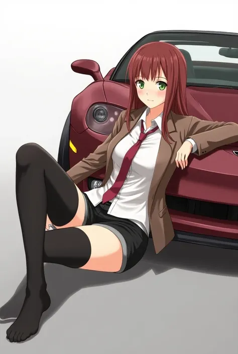 "An anime-style illustration of Kurisu Makise from Steins;Gate. The scene is highly detailed and captures the essence of the Steins;Gate art style. Kurisu is depicted laying on her side beside a 2004 Chevrolet Corvette, which is shown in a side profile. Sh...