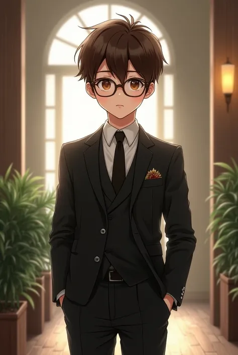  Young boy of height 1 .80 wearing glasses ,  brown hair who is wearing elegant suit, manhwa style