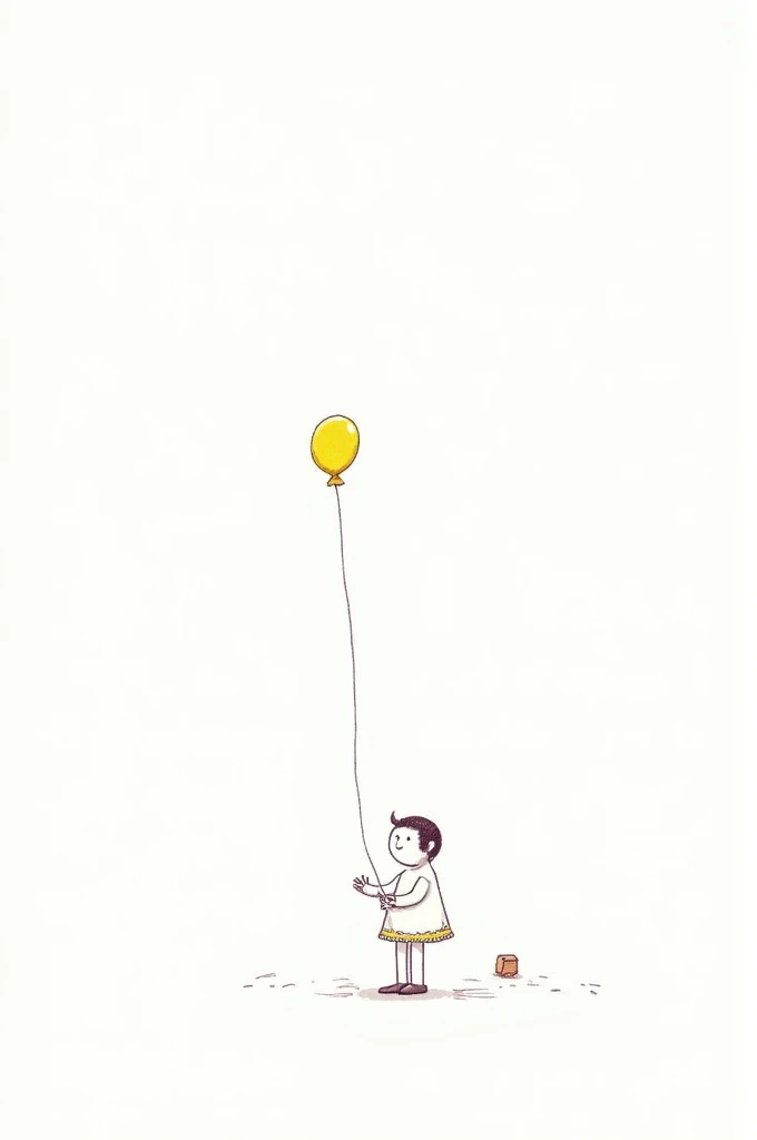  A drawing on sticks of a person with a deflated balloon, hesitating to let it go with white background  