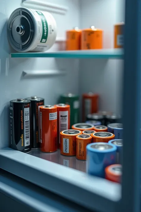  Become an imaging expert and create for me the following: a hyper-detailed photorealistic  ,  foreground of batteries inside a fridge freezer . The image should be an ultra-detailed .