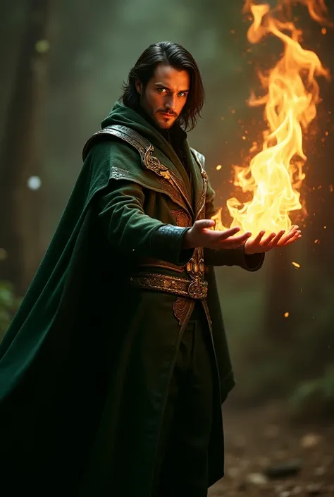 Realistic image of a magician man unleashing a fire magic with

1. **hair:**
   - **Cor:**  Deep black or dark brown .
   - **texture:**  Smooth and slightly wavy , with a healthy glow.
   - **length:** far away,  generally falling to the shoulders or slig...