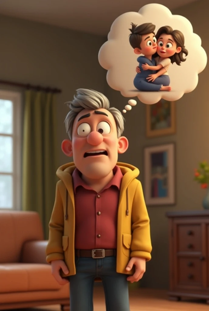 A middle-aged LORD animated in 3D, in a living room, expression of concern.  He has a thought bubble above his head ,  where an image of him and his wife HUGGING EACH OTHER appears.
He mumbles to himself :  “No physical effort ,  nor special activity !”
