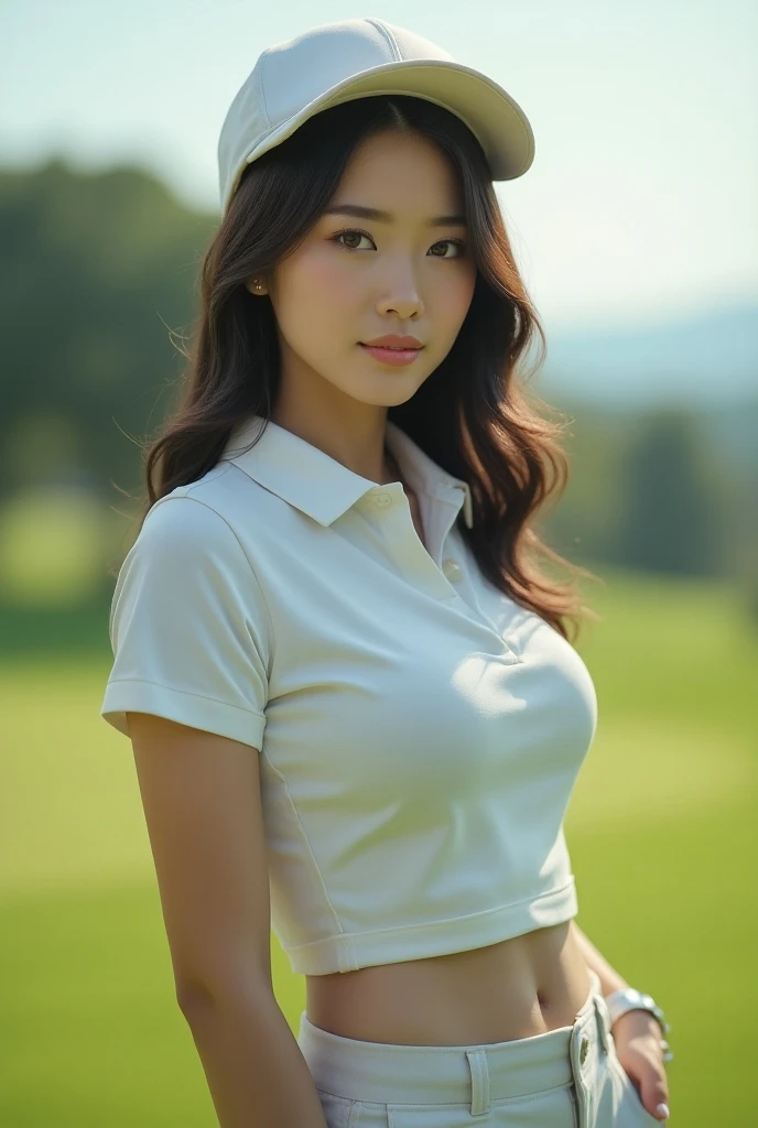 Portrait of a Japanese woman, wearing golf attire perfect figure, huge breast, cleavage, busty, shallow depth of field, highly detailed, hyper-realistic, medium-format camera, in a golf course