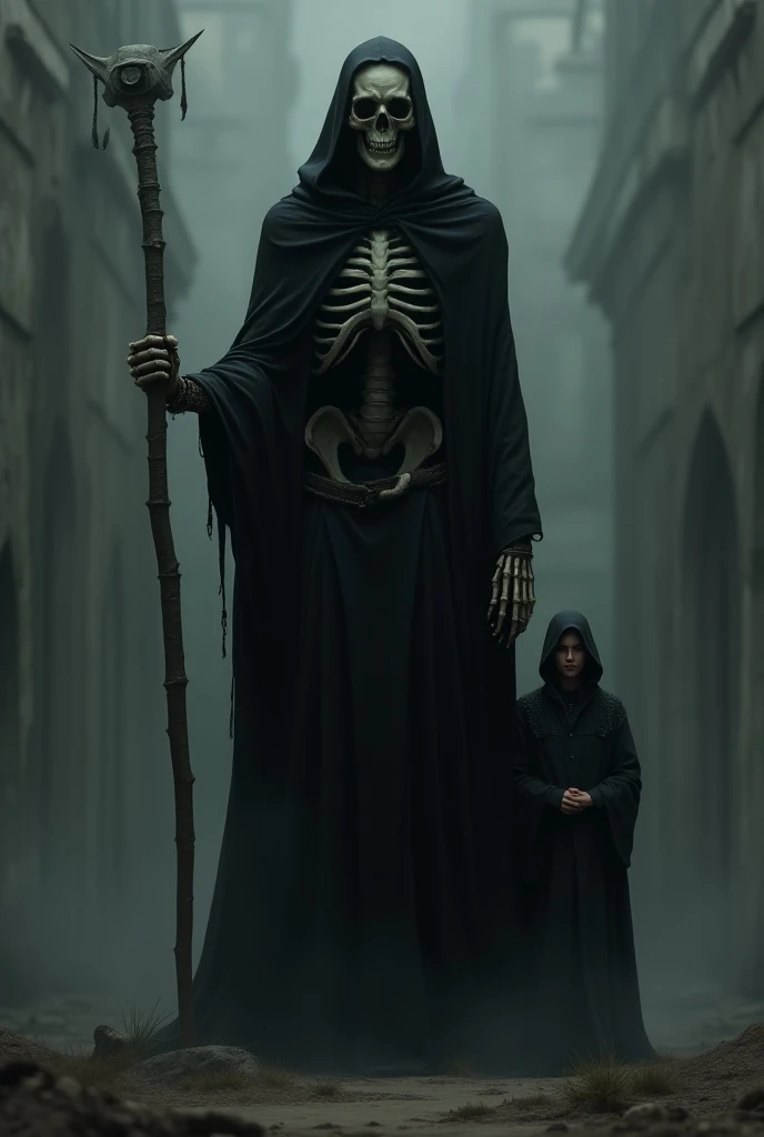  Create an image of a skull of 2 ,5 meters high,  wearing a black robe and a long hoodie, holding a taller steel rod .
next to, Create an image of a man of 1 , 80 meters tall walking beside you.