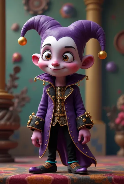  A cartoon being based on the appearance of court fools.  He has only one eye in the middle of his face , no nose or mouth ,  purple skin and clothes that alternate between white , black and purple, with golden ornaments