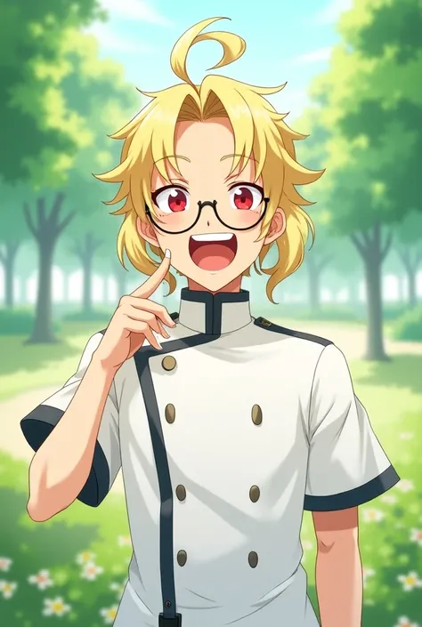 A boy with long blond hair with white strands he has a little ponytail on the back of his long hair. He has red eyes and glasses with chain deciration. Hes wearing the white uniform from jujutsu kaisen. anime art style. make it bright. hes laughing as he s...