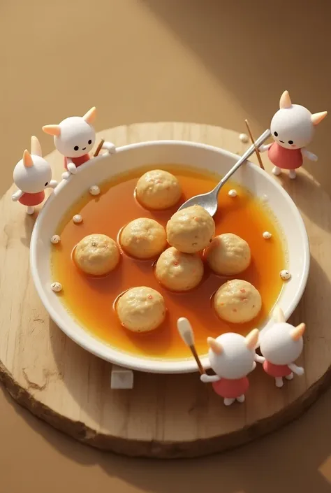 Meatballs with clear gravy placed in a bowl of white meatballs ,  deliciously eaten by small ren using spoons and forks