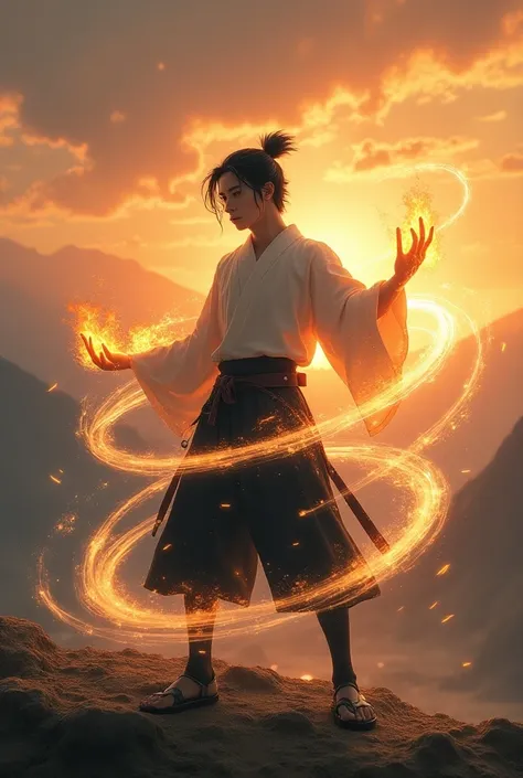 A young Japanese man, in his mid-twenties, stands at the center of an awe-inspiring scene, controlling the elements of air, earth, fire, and water simultaneously with precision and grace. His sharp, angular features are illuminated by the glow of the eleme...