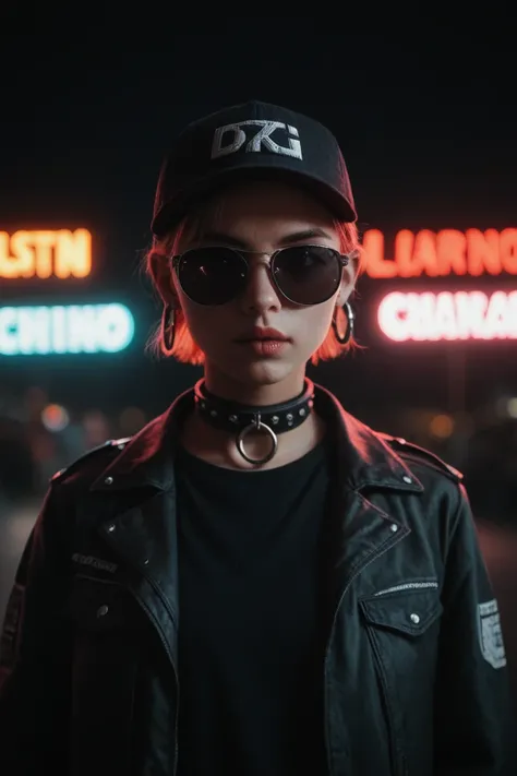 plano cercano del rostro, Alternative girl,  looking over black sunglasses , jacket, collar,  neon light reflections on the skin , earring, make-up,  skin imperfections , short hair, cap, neon light background , low light,  depth of field , Highly detailed...