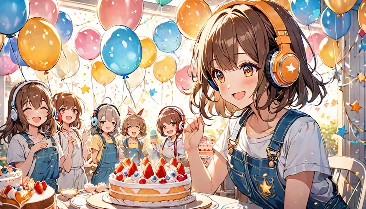 
 illustrations full of bright and festive mood 。The background is filled with musical notes and stars 、 balloons 。 and the female character with a happy expression is happy。Celebration cake 。The characters are loosely dressed 、 with headphones around thei...