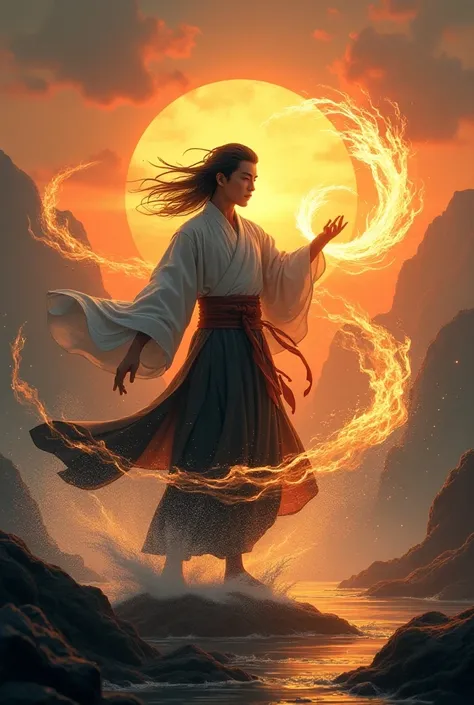 A young Japanese man, in his mid-twenties, stands at the center of an awe-inspiring scene, controlling the elements of air, earth, fire, and water simultaneously with precision and grace. His sharp, angular features are illuminated by the glow of the eleme...