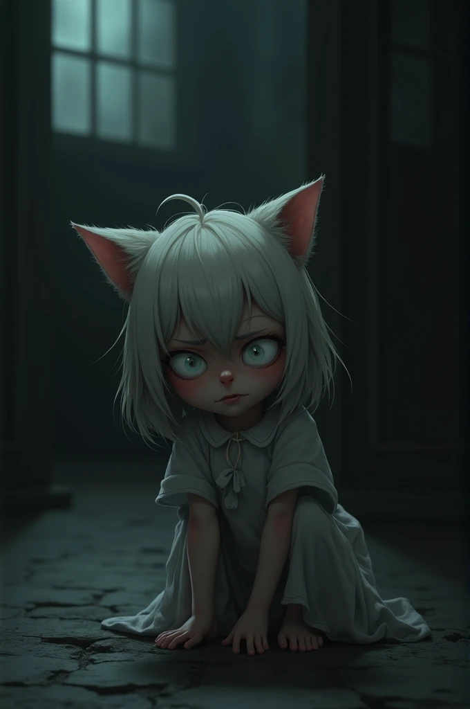 A frightened cat girl with her ears pressed to her head in fear