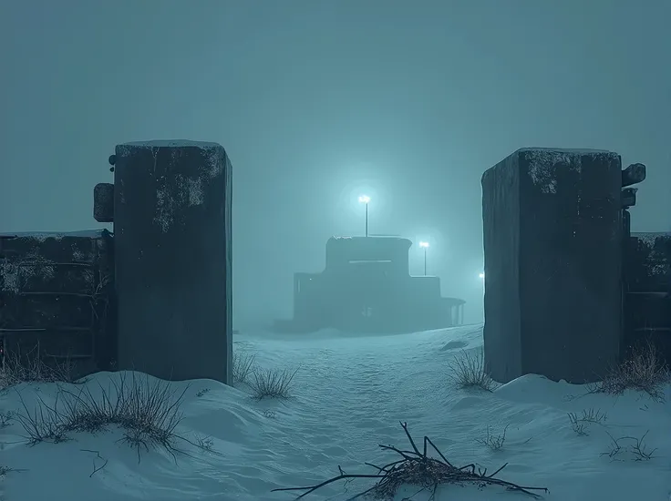 game start screen written "start" in the center with the background being an old military research base dating from the year 1970 in Antarctica, this base being shrouded in geno and seen from a long distance and being gloomy