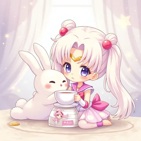 Chibi cute style , Usagi Tsukino drinking tea with a cute purple and white chibi rabbit