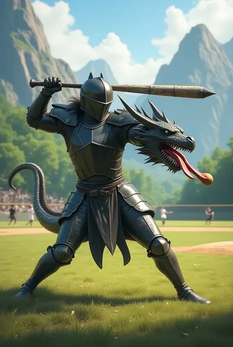 Sporty knight playing baseball with a cut dragón head ball and he hits a homerun