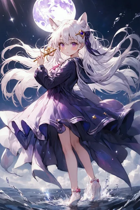 1 girl, magical girl, very long hair, white hair, eyepatch, animal ears turned down, mysterious magical atmosphere, purple sailor moon clothes, one foot gently touches water underneath her as the wind gently makes her beautiful pearly hair flow, dreamy fac...