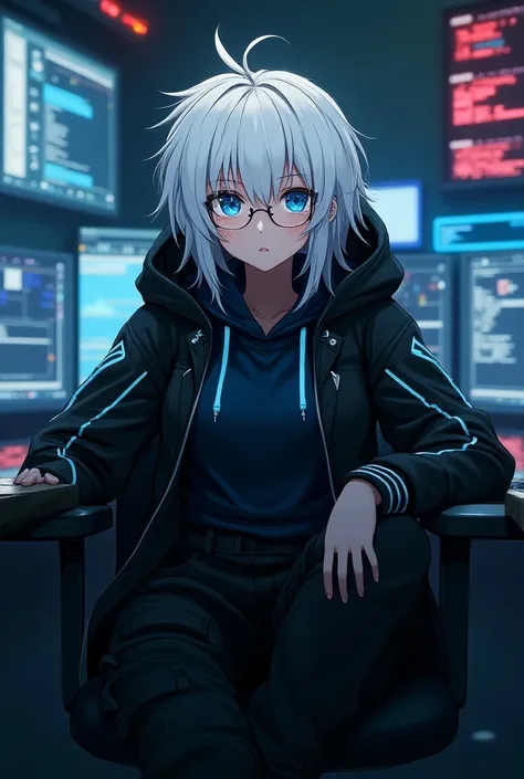  Cyberpunk,White Hair,Blue Eyes,Messy long hair, bouncing hair , hooded long coat with light blue lines on a black base,Machine Girl, black cargo pants with shoulders ,hacker,Glasses,Big Breasts,Tall,Anime Style,Dark room with lots of monitors ,Sitting on ...